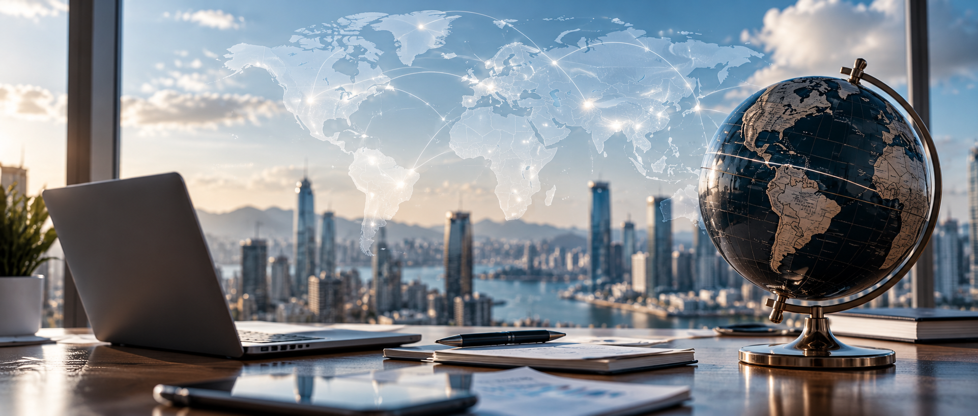 Escritorio de negocios con mapa global de conexiones y un globo terráqueo
