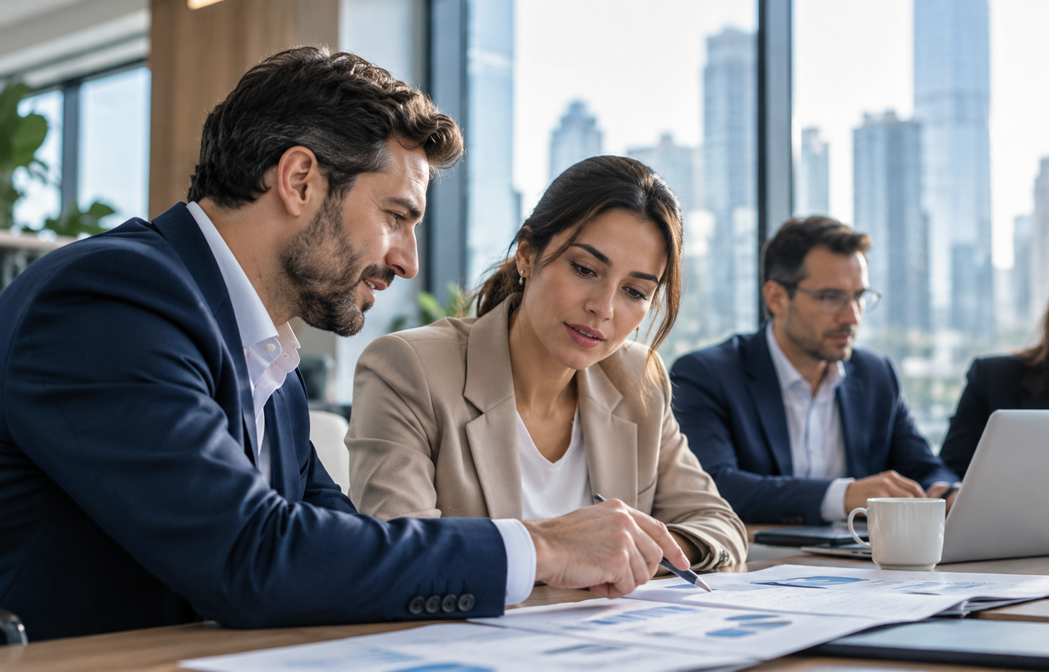 Equipo de consultores colaborando en una reunión profesional