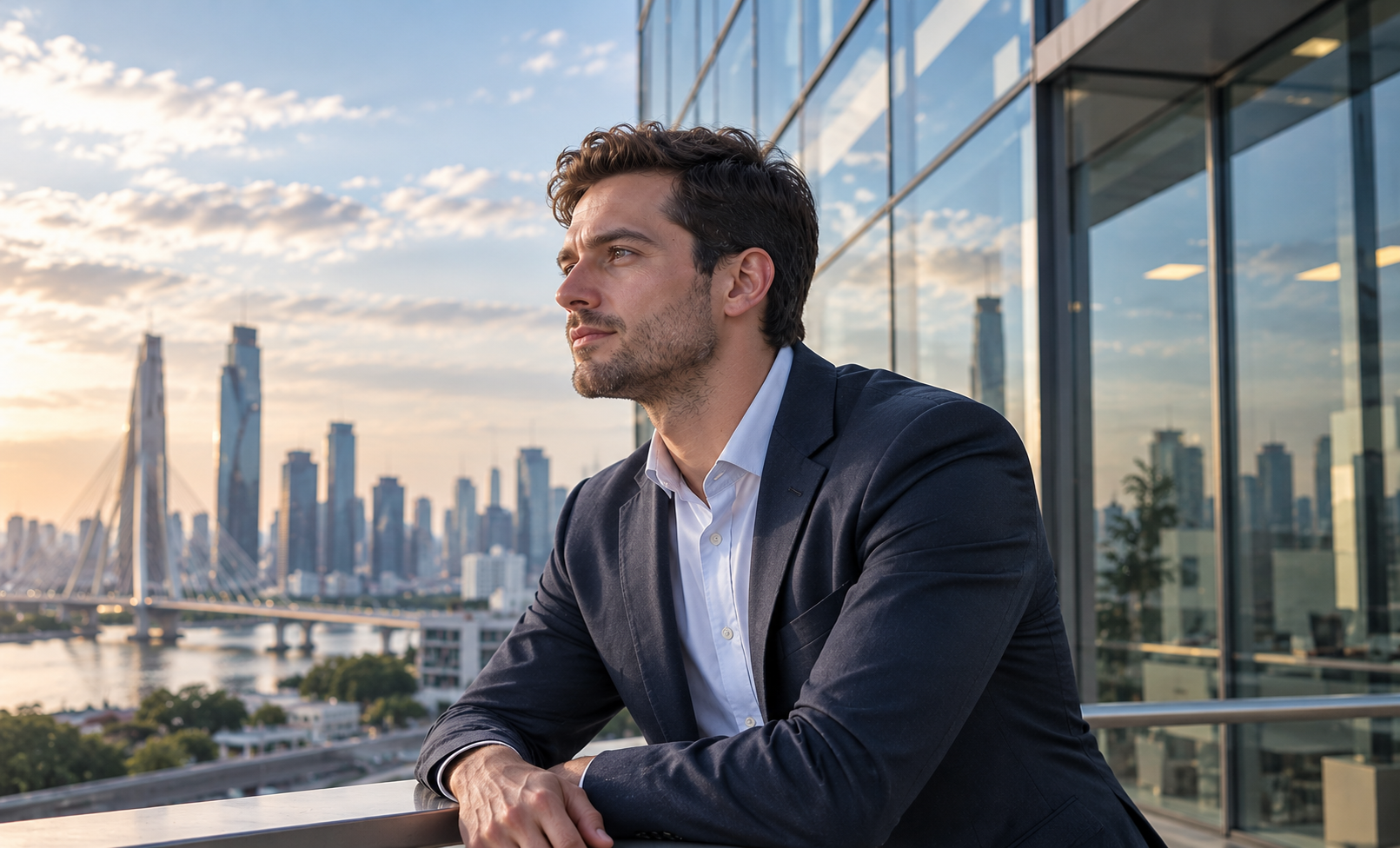 Consultor en un entorno financiero internacional con skyline y bandera de Brasil